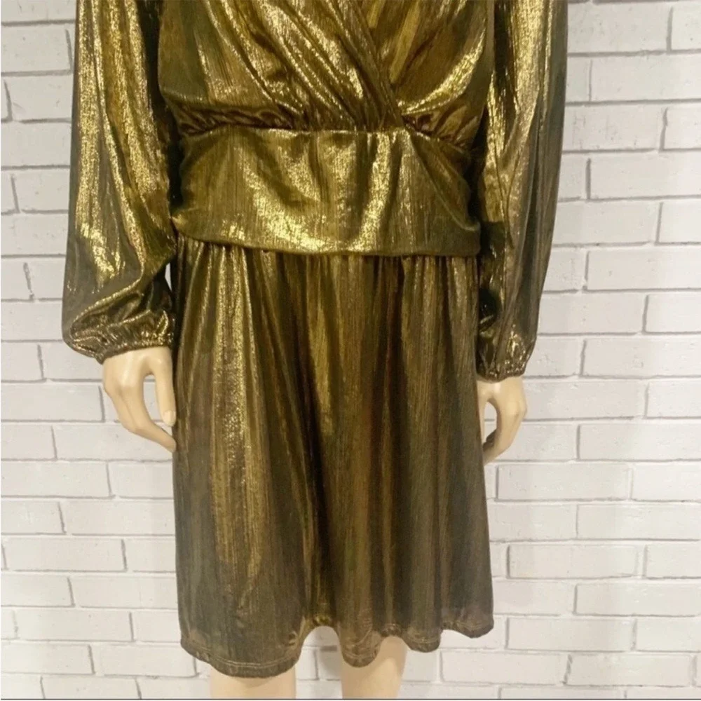 Michael Kors Gold Metallic Pleated Wrap V-Neck Holiday Dress 2X NWT